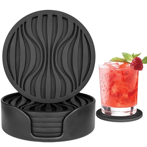 6 Pack Rubber Drink Coasters with Holder, Black Silicone Cups Mat Non-Slip | Coasters for Drinks Non-Stick Outdoor Plastic Coasters Set Thickened Hot- Cold Drink Fits Any Cups Table Rubber Glass Coaster - color: Pure Black-plastic Holder