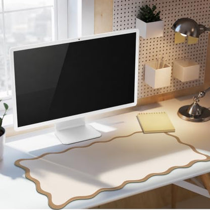 Hahafelt Scalloped Desk Mat Large Desk Pad Cute Coquette Table Mat Back to School Preppy Table Make up Pad Nonslip Graduation Gift with Stitching Waterproof Gaming(Beige,31.5 x 15.8 Inches) - color: Beige, size: 31.5 x 15.8 Inches