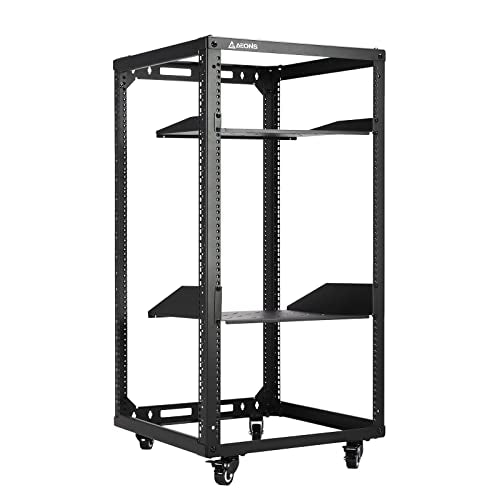 AEONS 20U Open Frame Network Server Rack 19-inch 4 Post AV Rack with Casters for Floor Standing and Wall Mount, Side Load for Extra Depth– Complete Kit with 1U and 2U Vented Shelves, Black - style: 20U-Kit