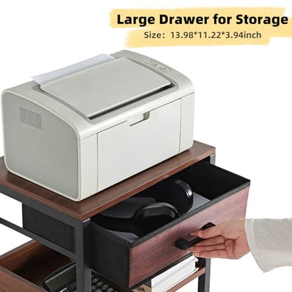 Lerliuo Walnut Printer Stand with Fabric Drawer, 3 Tier Industrial Side Table, Modern Small Printer Desk Holder with Storage Shelf,Multi-Functional Bedside Tables for Home Office Fax Machine Scanner - color: Walnut