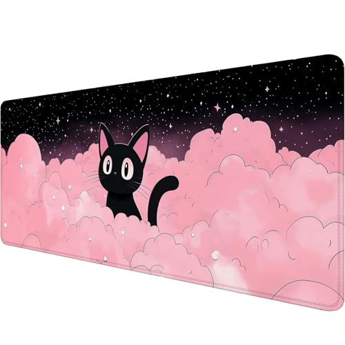 Cute Black Cat Gaming Mouse Pad Cartoon Galaxy Pink Clouds Kawaii Mousepad Extended Large Laptop Keyboard Non-Slip Rubber Base with Stitched Edges for Home 31.5x11.8 Inch - color: Cute Black Cat, size: 31.5" x 11.8"