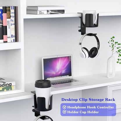 Desk Cup Holder Clip On with Buckle Clamp Hook,Deeper Drink Table Holder for Water Bottles & Coffee Mugs Bags Headphone Hanger,Adjustable Large Metal Clamp for Office & Gaming,Home,Black - size: 3.94"L x 3.94"W x 5.51"H