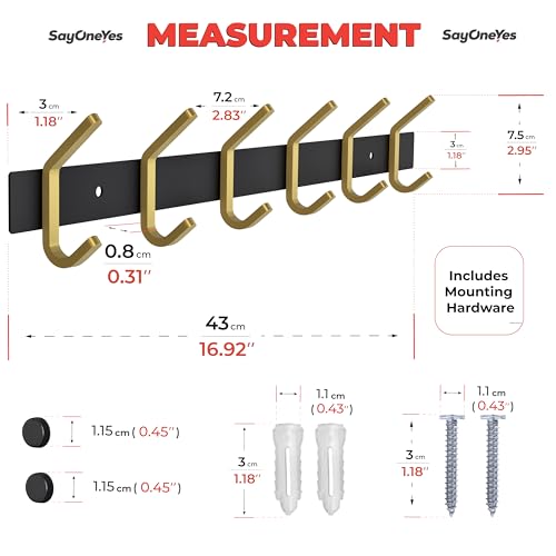 Coat Rack Wall Mount – Black and Gold Hook Rail with 6 Double Coat Hooks, 17 Inch Stainless Steel Wall Hooks for Entryway, Bathroom, Bedroom, Closet, Towel, Hat, Bag, Heavy Duty Organizer - color: Black + Gold, size: 6 Hooks