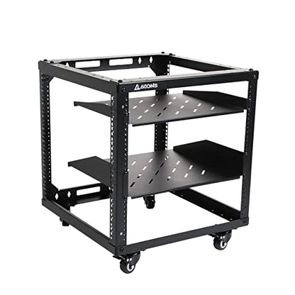 AEONS 10U Open Frame Network Server Rack 19-inch 4 Post AV Rack with Casters for Floor Standing and Wall Mount, Side Load for Extra Depth– Complete Kit with 1U and 2U Vented Shelves, Black - style: 10U-Kit