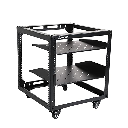 AEONS 10U Open Frame Network Server Rack 19-inch 4 Post AV Rack with Casters for Floor Standing and Wall Mount, Side Load for Extra Depth– Complete Kit with 1U and 2U Vented Shelves, Black - style: 10U-Kit