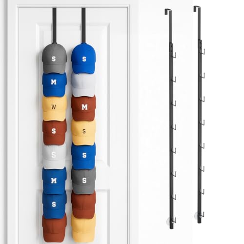 SWTYMIKI Over Door Hat Organizer - 2 Packs Metal Wall Mounted Hat Rack with 16 Hooks Design, Hanging Baseball Cap Organizer Storage Holds up to 32 Caps for Door, Bedroom, Closet - color: Black, style: Single hook