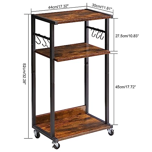 YMYNY Mobile Printer Stand, 3-Tier Printer Cart with Adjustable Storage Shelf and 6 S-Hooks, Tall Printer Table for Home Office, for Computer Tower Stand, Shredder, CPU Stand, Rustic Brown, UHPT002H - color: Rustic Brown-3 Tiers