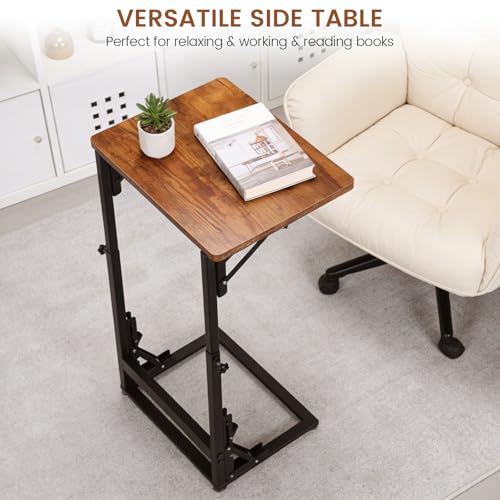 Folding Side Table, Adjustable C-Shaped End Table for Couch, Metal Frame TV Tray Table for Sofa Living Bedroom Bedside Coffee Small Spaces (Brown, 15.8" L x 11.8" W) - size: 15.8"L x 11.8"W