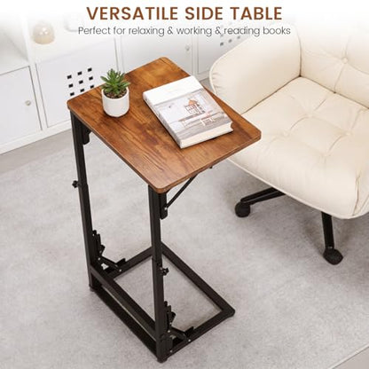 Folding Side Table, Adjustable C-Shaped End Table for Couch, Metal Frame TV Tray Table for Sofa Living Bedroom Bedside Coffee Small Spaces (Brown, 15.8" L x 11.8" W) - size: 15.8"L x 11.8"W