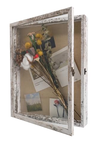 GraduatePro Shadow Box Frame 13X16 Display Case with Linen Back, Real Glass Window Door with Hinge, Picture Frame Wedding Bouquet Memorabilia Medals Photos Memory Box for Keepsakes Rustic White - color: Rustic White, size: 13"x16" (33x40 cm)