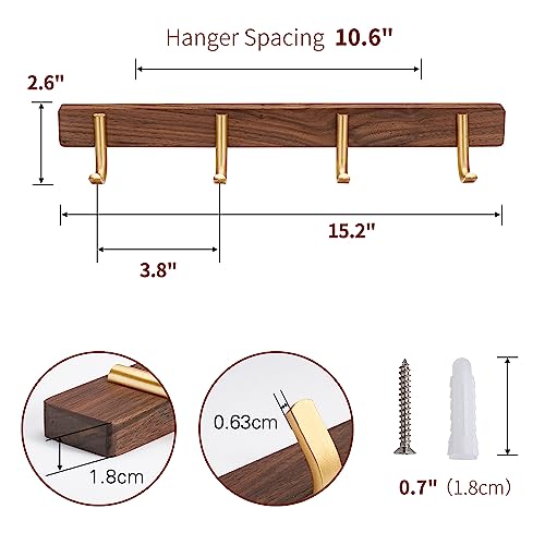 Wall Mounted Coat Rack, Entryway Hanging Coat Rack, Metal Wood Coat Rail with 4 Rustic Hooks Rail for Coat, Scarf, Bag, Towel, Key, Cap, Hat, Walnut Gold Matt - size: 4 Hooks - J Shape