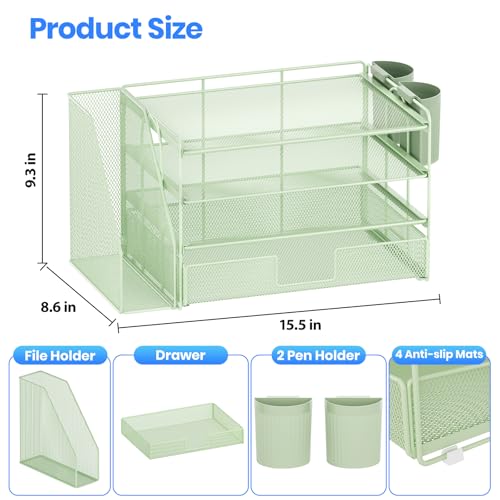 OPNICE Desk Organizer, 4-Tier Desktop File Organizer with Drawer and Pen Holders, Office Desk Accessories, File Sorters, Workspace Organizers for Office Supplies(Green) - color: Green, size: 4-tier
