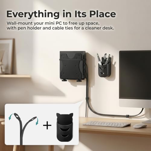 Yimaut Adjustable Mini PC Mount Bracket, VESA 75x75 & 100x100, Supports up to 12 lbs, Mount Behind Monitor, Under Desk, Wall, Monitor Arm or Stand Pole, Thin Client CPU Holder, Fits 0.63–2.76 in Wide