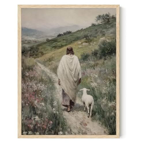 Christian Wall Decor Aesthetic Jesus Wall Art Vintage Painting Pictures Jesus and Lamb Painting The Lost Sheep Posters Prints 12x16inch Unframed Decor for Hallway Bathroom Dining Living Room Kitchen - color: Purple and white, size: 12"L x 16"W