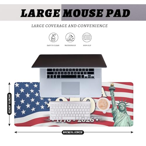 America 250 Mouse Pad Statue of Liberty America Flag Mousepad Extended Large Laptop Keyboard Non-Slip Rubber Base with Stitched Edges for Home Office Computer Keyboard Laptop 31.5x11.8 Inch - color: America 250 America Flag, size: 31.5" x 11.8"