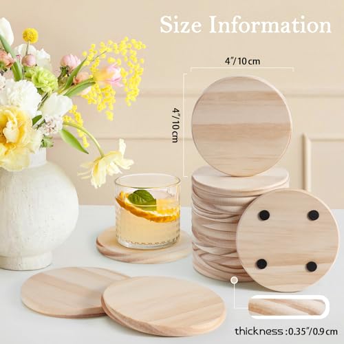 60 Pieces Unfinished Wood Coasters, GOH DODD 4 Inch Wooden Blanks with Non-Slip Pads for Laser Engraving Wood Burning Staining Painting Decoupage Housewarming Gifts Wedding Crafts Education, Round - color: Round-60pieces