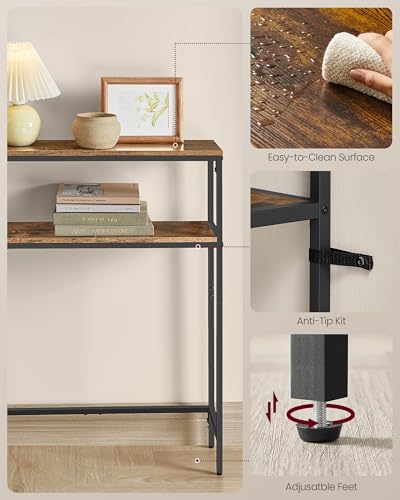 VASAGLE Console Table with Power Outlet, 2-Tier Narrow Sofa Table with 2 Shelves, 7.9 x 31.5 x 31.5 Inches, for Living Room, Hallway, Entryway, Rustic Brown and Ink Black ULNT135K01 - color: Rustic Brown + Ink Black, size: 31.5"W - With Power Outlet