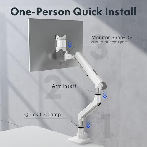 FlexiSpot Single Monitor Arm, Premium Aluminum Monitor Desk Mount Fits Screen up to 39 Inches, Fully Adjustable Monitor Stand with C-Clamp & Grommet Base, Holds 6.61 to 26.46 lbs, White - color: White, size: MAX 39"/26.46 lbs
