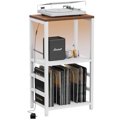 YAKANJ End Table with LED Light,Record Player Stand with Albums Storage,Vinyl Records Storage,Turntable Stand Side Table for Music Room Studio Living Room Bedroom-White - color: White