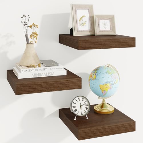 Marsmiles Square Floating Shelves for Wall, 12" W x 12" D x 1.5" H, 3 Pack Small Wall Mounted Engineered Wood Shelves with Invisible Brackets for Living Room, Bedroom, Bathroom, Kitchen Decor, Walnut - color: Dark Walnut With Invisible Metal Brackets, siz