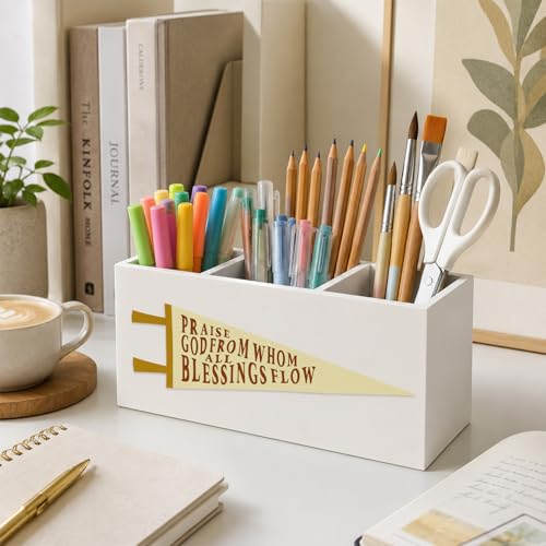 Christian Classroom Pen Holder for Desk, Bible Verse Praise God from Whom All Blessings Flow Wooden Box Sign Desk Storage Organizer for Kids Room Nursery Bedroom Playroom - color: Christian Classroom