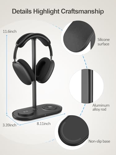 Airpod Max Charger Stand with 15W Wireless Charger, 4 in 1 Headphone Stand | Headset Holder for AirPods Max 2/Pro/iWatch/Vision Pro, Charging for iPhone 17/16/15/14/13/12/11/X, Aluminum Alloy Rod, Black - color: Dark Black