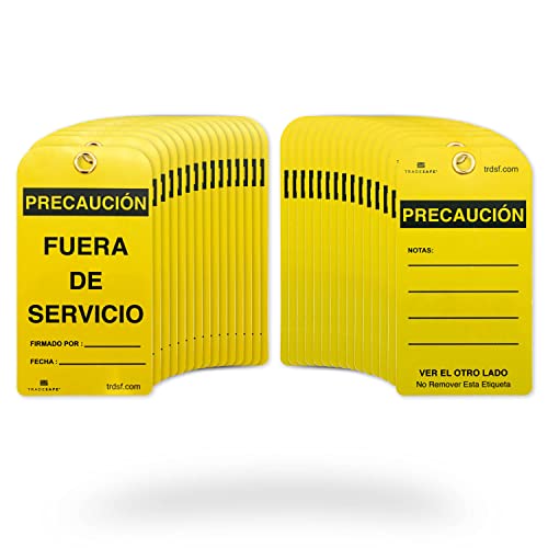 TRADESAFE Spanish Out of Service Tags, Fuera de Servicio - 30 Yellow Caution Sign with 30 Cable Ties, Durable 32 mil Vinyl, Caution Tags for Equipment Repair or Service, Accident Prevention - style: Spanish