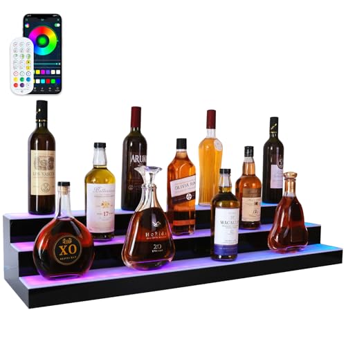 Led Lighted Liquor Bottle Display Shelf, 30 Inch 3 Tier Whiskey Rack, Support USB, Bar Stand with RF Remote & App Control, Illuminated Acrylic Lighting Shelves for Home Bar, Party - size: 30" 3 step