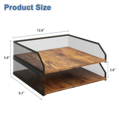 Natwind 2-Tier Stackable Metal Mesh Paper Tray Organizer,Retro | Wooden Desk Organizer, Letter Tray For Desktop,File Holder For Home Office School Classroom Organization - size: 12.6" x 9.8" x 5.9"