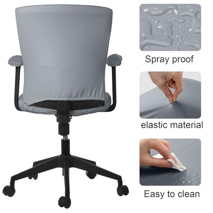 Tallew 4 Pcs Office Chair Covers PU Leather Office Desk Accessories Universal Computer Chairs Cover Stretchable Protective Chair Seat Covers Desk Armrest Cover Slipcovers Rotating Backrest(Grey) - color: Grey