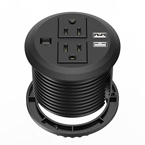 BTU Desktop Power Grommet 3 inch, Desk Power Outlet Socket Recessed Power Strip with 2 AC Outlet & 2 USB Ports & 1 CAT6 & 10ft Power Cords for Computer, Table, Kitchen, Office