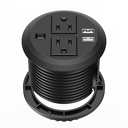 BTU Desktop Power Grommet 3 inch, Desk Power Outlet Socket Recessed Power Strip with 2 AC Outlet & 2 USB Ports & 1 CAT6 & 10ft Power Cords for Computer, Table, Kitchen, Office