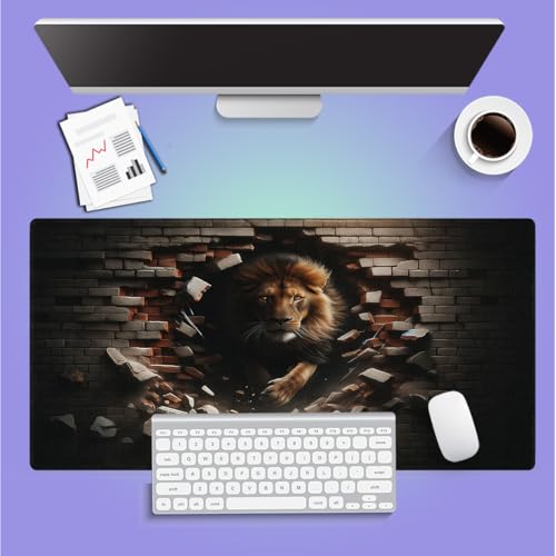 Large Gaming Mouse Pad (31.5" x 15.8") - Lion Modern Illustration of King of The Jungle Emerging from Brick Wall, Extra XXL Extended Office Accessories, Premium Stitched Anti-Slip Desk Mat - color: Lion