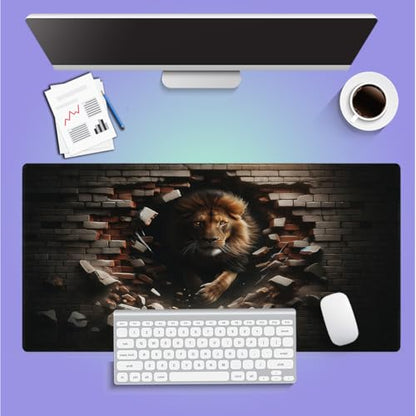 Large Gaming Mouse Pad (31.5" x 15.8") - Lion Modern Illustration of King of The Jungle Emerging from Brick Wall, Extra XXL Extended Office Accessories, Premium Stitched Anti-Slip Desk Mat - color: Lion