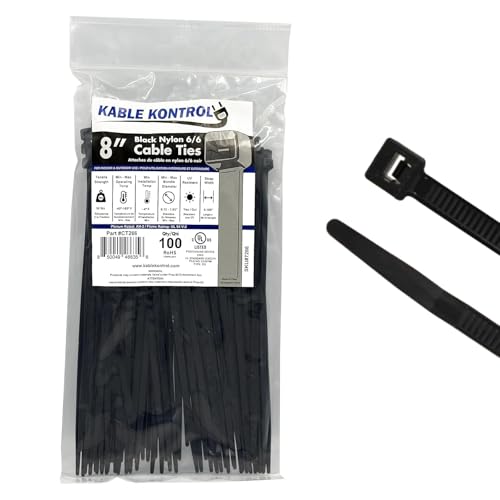 Kable Kontrol Cable Zip Ties 100 Pcs 8 Inch Black, 50 Lbs Tensile Strength, Self-locking UV Resistant Plastic Nylon Wire Ties, for Indoor or Outdoor Use - color: Black, size: 8" - 50 Lbs - 100 Pcs