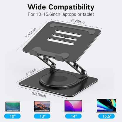 Adjustable Laptop Stand for Desk with 360 Rotating Base, Metal Foldable Laptop Riser Holder, Portable Desktop Book Stands, Ventilated Cooling Computer Notebook Stand Compatible with 10-15.6” Laptops - color: Dark Black-360°