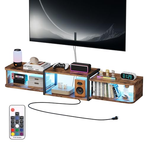 Qupui 47.2'' Wall-Mounted Floating TV Stand with LED Lighting, Modern Wooden Media Shelf Featuring Built-in USB Ports and Electrical Outlets. Under-TV Storage for Living Room, Bedroom, Brown - color: Brown