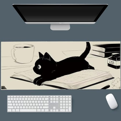 Gaming Mouse Pad XL Extended Anime Mouse Pad 31.5x11.8inch, Large Cute Kawaii Big Computer Mouse Mat Desk Pad Home Office-Black Reading Cat - color: Black Reading Cat, size: 31.5L x 11.8W inches