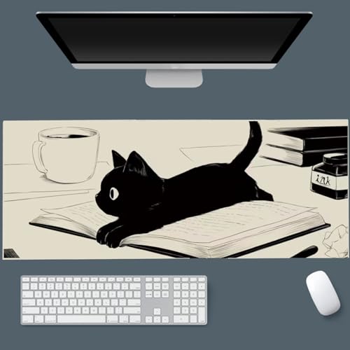 Gaming Mouse Pad XL Extended Anime Mouse Pad 31.5x11.8inch, Large Cute Kawaii Big Computer Mouse Mat Desk Pad Home Office-Black Reading Cat - color: Black Reading Cat, size: 31.5L x 11.8W inches