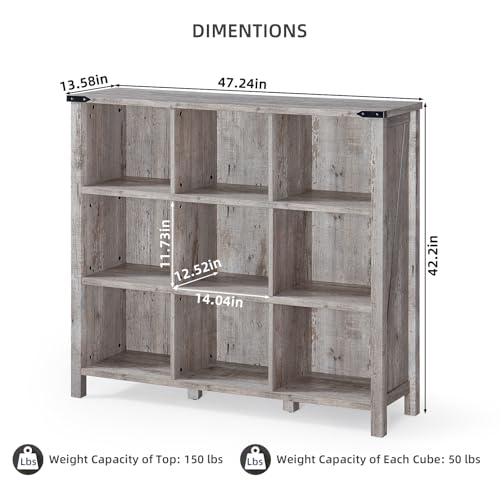 Joaxswe 9 Cube Bookcase, Farmhouse 47 Inch Wide Grey Oak Bookshelf, Wooden 3 Tier Display Large Open Book Shelf, Vintage Horizontal Book Case for Home Office, Cubby Storage Cabinet for Living Room - color: Grey Oak, size: 9 Cube (13.6 "D x 47.24 "W x 42.2