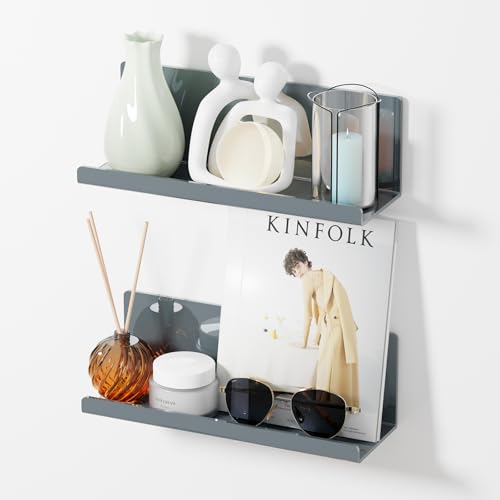 PAVSTINE Adhesive Floating Shelves for Wall No Drilling, 12 Inch Acrylic Self Adhesive Shelves, Stick on Shelves, Dorm Wall Shelf, for Bathroom, Kitchen, Bedroom, Office, Gaming Room, Gray - color: Grey
