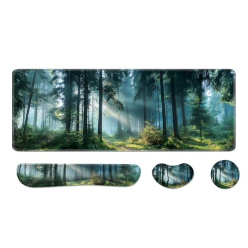 Desk Pad and Keyboard Wrist Rest, Large Mouse Pad + Keyboard Pad+Mouse Wrist Support, Non-Slip Desk Mat Protector for Office, Home 31.5×11.8 Inches Forest - color: Forest