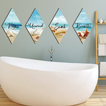 FairySandy 4 Pcs Boho Bathroom Wall Decor 11.8 x 6.69 Inch Bohemian Restroom Wall Art Bathroom Rustic Decoration Farmhouse Minimalist Relax Soak Unwind Breathe Sign for Bedroom Living Room Restroom - style: Sea