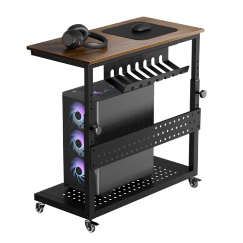 GarveeHome Computer Tower Stand with Cable Management Rack, Adjustable Rolling CPU Holder Cart (22.83 to 34.1 Inches) for Under Desk, 2-Tier Mobile PC Tower Stand for Office and Home Use,Walnut - color: Walnut