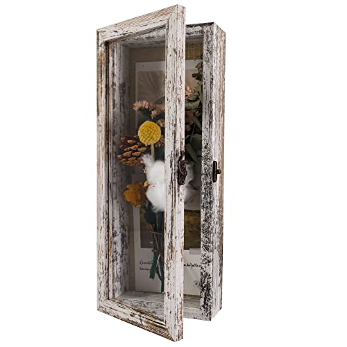 GraduatePro Shadow Box Frame 5x12.5 Display Case with Linen Back, Real Glass Window Door with Hinge, Picture Frame Wedding Bouquet Memorabilia Medals Photos Memory Box for Keepsakes, Rustic White - color: Rustic White, size: 5"x12.5" (13x32 cm)