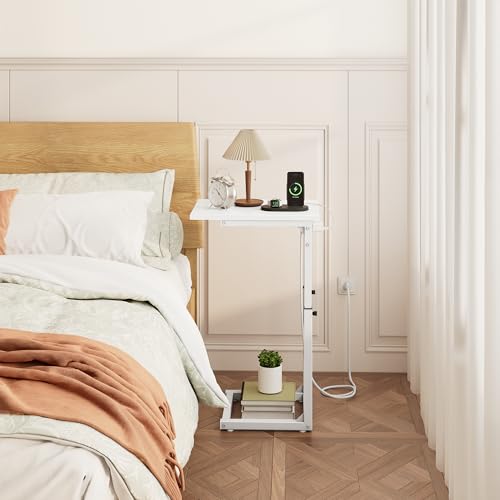 Vagusicc C Shaped End Table with Charging Station, C Table End Table Adjustable Height Sofa Table, Side Table for Couch, Couch Table that Slide Under, TV Tray Arm Table for Living Room,Bedroom, White - color: White, style: Charging Station