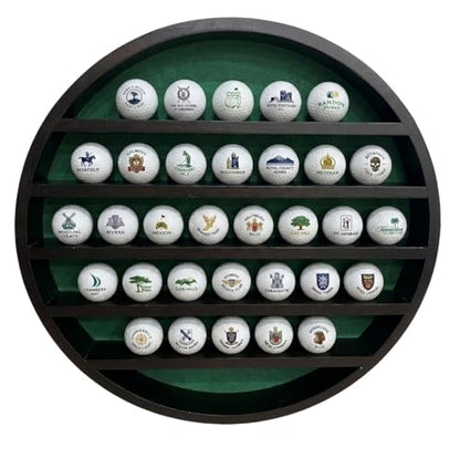 Golf Ball Display Case for 32 Balls – Modern Golf Decor ft. 18” Moon Shelf Design, Solid Wood, Wall Mounted, Dark Brown Finish – Golf Ball Holder & Display Cases for Collectibles