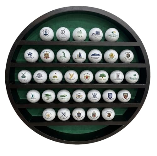 Golf Ball Display Case for 32 Balls – Modern Golf Decor ft. 18” Moon Shelf Design, Solid Wood, Wall Mounted, Dark Brown Finish – Golf Ball Holder & Display Cases for Collectibles