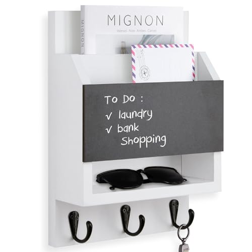 Key and Mail Holder for Wall, Key Holder with Chalkboard and Long Storage Box, Key Hanger with 3 Sturdy Hooks for Coat, Dog Leash, Entryway Mail Organizer (White) - color: White