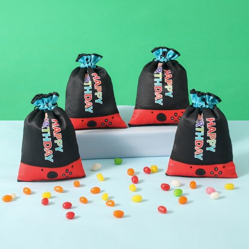 RICHNESS 16pcs Video Game Party Favor Bags Drawstring Game on Party Bags 4.5X6IN Satin Goodie Bags - color: Black